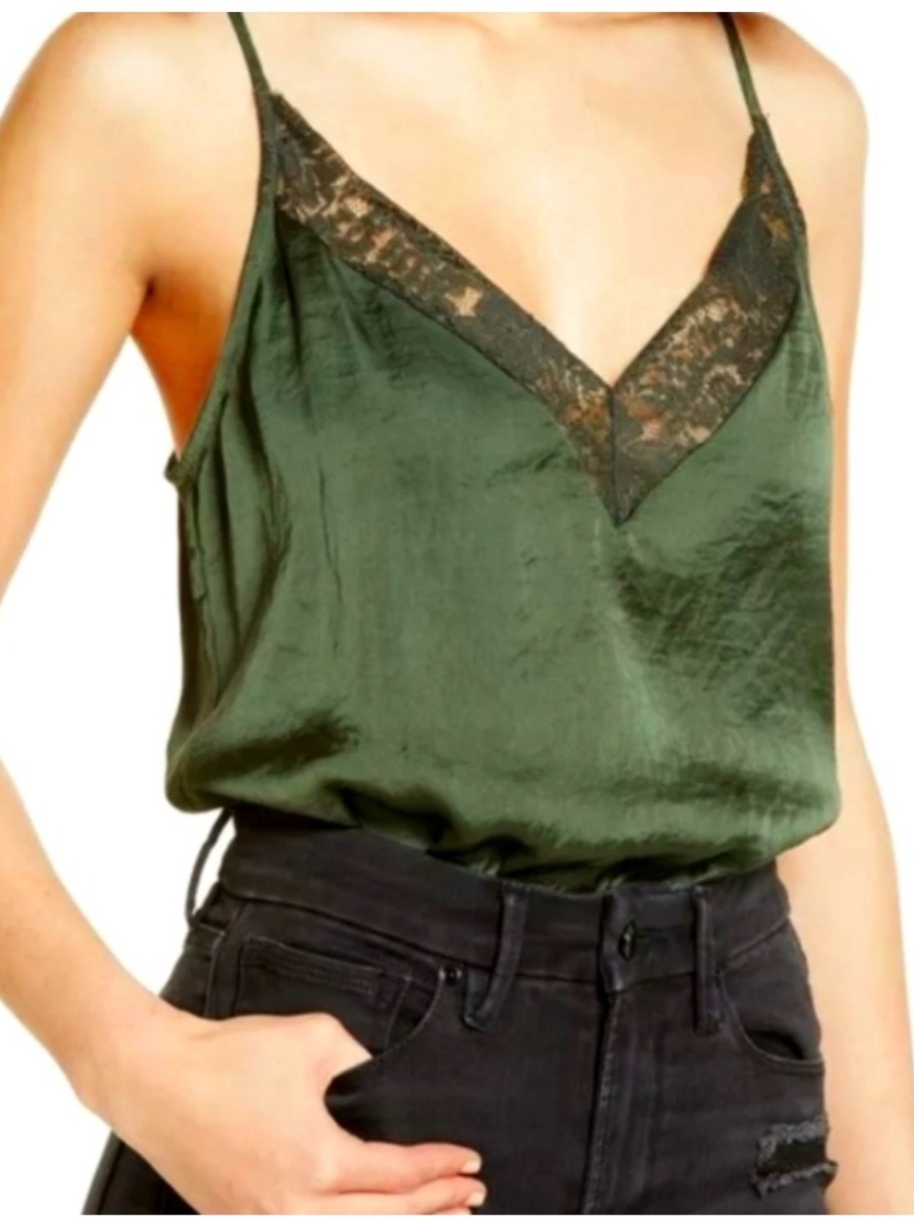 Socialite Olive Green Satin Lace Trim Bodysuit